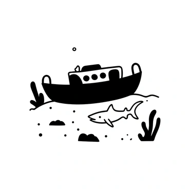 A boat's shadow cast on the ocean floor, creating a dark silhouette against the sandy bottom. The shape of the shadow is irregular, mimicking the contours of the boat above. Nearby, a lemon shark swims gracefully, its streamlined body distinct against the ocean floor, with its fins extended and tail fin poised. The shark's body is elongated, showcasing its characteristic shape as it glides past the shadow. The surrounding environment includes soft sand and scattered patches of seaweed, enhancing the underwater scene.