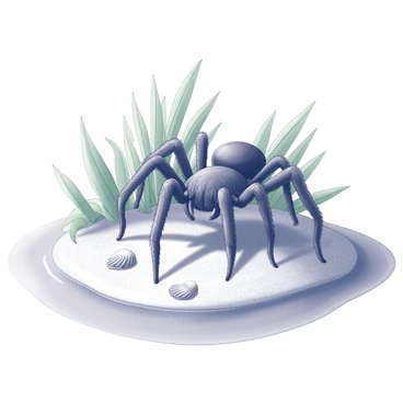 A tarantula positioned on a small island. The island features sandy shores with scattered seashells. Lush, green foliage surrounds the tarantula, providing a natural habitat. The tarantula has detailed hairy legs and a prominent body, with its fangs slightly visible. The waters surrounding the island are clear and calm, creating a contrasting texture against the sandy beach. The scene captures the unique relationship between the tarantula and its tropical environment.