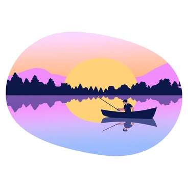 A calm lake reflecting the colors of a sunset. The sky is filled with hues of orange, pink, and purple. In the foreground, there is a silhouette of a fisherman in a small boat. The boat is gently floating on the surface of the water. The fisherman is casting a fishing line into the lake, with a focused stance. The surrounding area has gentle outlines of trees along the shore, blending softly into the evening light.