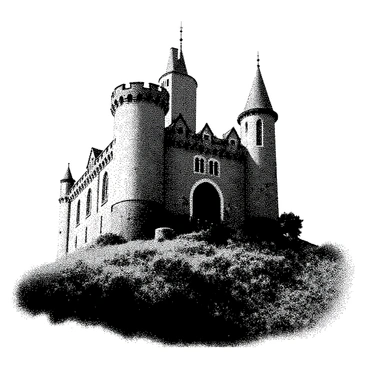 An ancient castle is positioned on a hill, with tall stone towers and a fortified exterior. The castle features arched windows and a large wooden door, showcasing its historical architecture. Surrounding the castle, dense mist envelops the scene, partially obscuring the lower sections of the structure and creating a mysterious atmosphere. The grassy hill slopes gently upward, leading to the castle's base, while the mist swirls around, adding an ethereal quality to the imposing silhouette of the castle.
