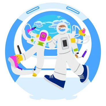 Two astronauts wearing colorful Converse sneakers are floating in zero gravity inside a sleek, futuristic spaceship. The astronauts are clad in white space suits with helmets that reflect the interior lights. One astronaut is playfully pushing off a wall, causing a gentle spin, while the other reaches for a floating tool. The spaceship is filled with various gadgets and equipment, with a large window revealing a stunning view of Earth in the background. The interior features bright lights and control panels, enhancing the vibrant atmosphere of the scene.