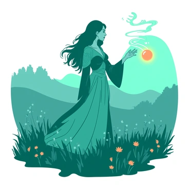 A sorceress casting spells in a fog-covered meadow at twilight