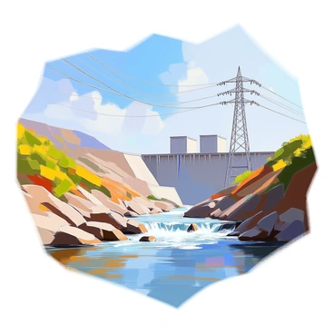 Electricity transmission lines stretch across the landscape, connecting a large hydropower station in the background. The hydropower station features a series of long, imposing concrete structures and large turbines. The lines are tall and metallic, rising from the station and leading into the distance, disappearing into a clear blue sky. Below, a river flows swiftly, with water cascading over rocks, reflecting the sunlight. Green hills flank the river, enhancing the natural setting surrounding the station.