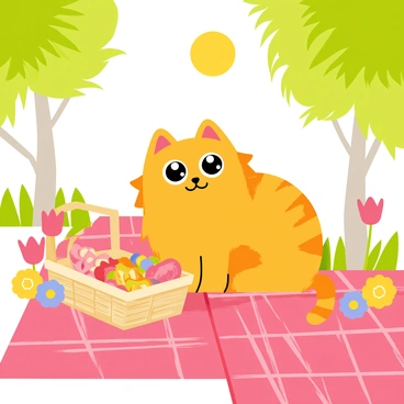 A cartoon cat with a fluffy orange coat is sitting on a red checkered picnic blanket. The cat has big, expressive eyes and a cheerful smile. A picnic basket filled with colorful fruits and sandwiches is open beside it. Bright green trees provide shade in the background, their leaves rustling gently. Various flowers in shades of pink, yellow, and blue bloom around the picnic area, adding vibrant colors to the scene. The sun is shining brightly in a clear blue sky, creating a joyful atmosphere.