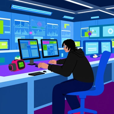 A high-tech laboratory with sleek, metallic surfaces and glowing screens lining the walls. In the center, a hacker is seated at a futuristic workstation, intently focused on a complex digital interface filled with colorful graphs, timelines, and swirling data streams. The hacker wears a black hoodie, with strands of hair partially obscuring their face, illuminated by the bright blue and green lights of the screens. Surrounding the workstation are various gadgets and devices, including virtual reality headsets and holographic projectors. The atmosphere is filled with a sense of intense concentration and innovation.