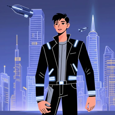 A young man named "Adam" is dressed in sleek, futuristic attire that features a fitted, metallic jacket with glowing blue accents. His pants are tapered and have a glossy finish, enhancing the modern look. In the background, a high-tech cityscape stretches out, filled with towering skyscrapers made of glass and steel, illuminated by bright neon lights. Hovering vehicles zip through the air, adding to the dynamic atmosphere of the scene. The sky is a deep twilight blue, creating a striking contrast with the vibrant city lights.