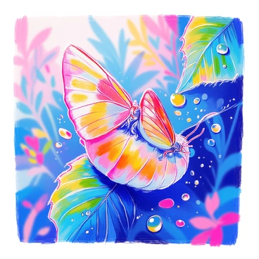 A close-up illustration shows a butterfly emerging from its cocoon, which is attached to a vibrant green leaf. The butterfly has delicate wings that are partially unfolded, displaying a beautiful pattern of colors. The cocoon is translucent, revealing the intricate details inside. The leaf is adorned with droplets of morning dew, adding a fresh look to the scene. Soft sunlight filters through the surrounding foliage, highlighting the delicate texture of the butterfly's wings.