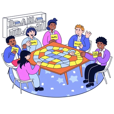 A board game titled "Blame Game" set on a wooden table. The game board is colorful and features various pathways and spaces marked with different icons. Around the board, several players are engaged in the game, each holding cards that say "Guilty" and "Innocent." The players are diverse in appearance, with expressions of concentration and excitement. The cards are brightly colored, clearly displaying the text. The background includes a cozy living room setting with a patterned rug and shelves filled with books.