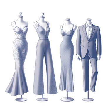 Four mannequins standing in a row, each showcasing a unique glamorous outfit embellished with sequins. The first mannequin is adorned in a long, fitted gown with intricate patterns of sequins, capturing light from various angles. The second mannequin wears a flamboyant jumpsuit with wide legs, covered in shimmering sequins that create a dynamic texture. The third mannequin displays a sleek cocktail dress, featuring a deep neckline and a cascade of sequins along the hemline. The fourth mannequin is dressed in a stylish suit with a fitted blazer and sequined accents, giving a modern twist to a classic look. Each mannequin is positioned on a pedestal, creating an elegant presentation of fashion.