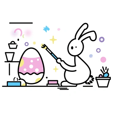 A cartoon bunny, with big ears and a fluffy tail, is sitting in a whimsical studio. The bunny is holding a paintbrush in its paw, applying bright colors to a large Easter egg placed in front of it. The egg has vibrant designs being painted, including swirls and polka dots. The studio is filled with various art supplies, including pots of paint and brushes scattered around. In the background, there are colorful decorations, adding to the playful atmosphere of the scene.
