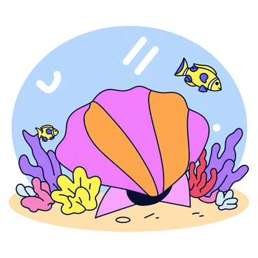 A vibrant conch shell with shades of pink and orange is positioned prominently. Surrounding the shell are various colorful coral formations in shades of purple, yellow, and red. Tropical fish, including small clownfish and blue tangs, swim gracefully around the coral, displaying bright colors against the clear blue ocean water. The sunlight filters through the water, casting gentle patterns on the sandy ocean floor.