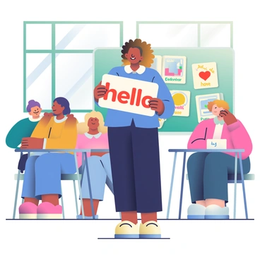 An instructor with light skin and curly brown hair is standing in front of a classroom, engaging with students. She is wearing a blue blouse and black trousers. In her hands, she is holding a large interactive flashcard displaying the word "Hello" in bold, colorful letters. Around her, several students of diverse backgrounds are seated at desks, attentively looking at the flashcard. On the board behind her, there are additional flashcards pinned up with various vocabulary words and images related to language learning. Natural light is streaming through the windows, creating a bright and inviting atmosphere in the classroom.