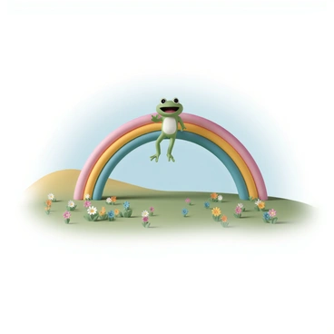A joyful green frog is mid-jump, its legs extended and a wide smile on its face. The frog is positioned on a colorful rainbow that arcs gracefully across the image. Below, a vibrant landscape stretches out, filled with lush green grass, bright wildflowers in various colors, and a clear blue sky. The sunlight casts a warm glow over the scene, accentuating the colors of the rainbow and the landscape.