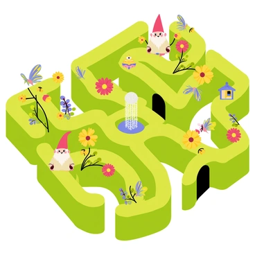 A lush garden maze with tall green hedges forming winding paths. The maze is filled with vibrant flowers in various colors, including red, yellow, and purple. Small characters, like a cheerful gnome with a pointy red hat and a tiny fairy with shimmering wings, can be seen navigating the twists and turns of the maze. Some hidden secrets are scattered throughout, such as a small door in the hedge and a sparkling fountain at the center of the maze. Birdhouses hang from branches, and butterflies flutter around the blossoms, adding life to the scene.