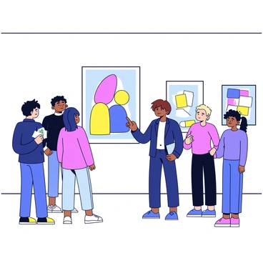 A museum guide with short brown hair is standing in front of a large abstract painting. The guide is wearing a navy blue blazer and holding a small clipboard with notes. Several visitors of various ages are gathered around, showing interest in the artwork. The guide is pointing at the painting while explaining its significance. The gallery has white walls, and the floor is polished wood, with soft lighting highlighting the exhibit. In the background, there are additional artworks displayed in simple frames.