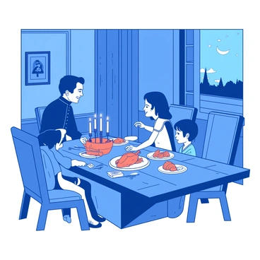 A blue dining room is set for dinner with a large wooden table in the center. Napoleon, dressed in a traditional military uniform, sits at the head of the table. He is surrounded by his family, including his wife, who wears a lovely white dress, and two children, one boy and one girl. A warm orange glow from candles illuminates their faces, creating a cozy atmosphere. Plates filled with food, including a roasted chicken and vegetables, are placed in front of each family member. The walls are adorned with framed portraits, and a large window offers a glimpse of a serene evening outside. The family is engaged in conversation, smiling and enjoying their time together.