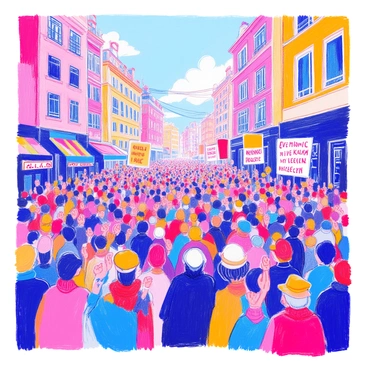A bustling street scene during a historical revolution is depicted with large crowds of people. The crowd displays a range of emotions, with some individuals raising their fists in defiance while others hold banners with slogans. Various attire is visible, including traditional clothing and hats, representing the diverse backgrounds of the participants. Buildings line the street, showing signs of unrest, such as broken windows and graffiti. The sky above is possibly overcast, adding intensity to the atmosphere. Faces in the crowd show determination and fervor as they gather together in pursuit of change.