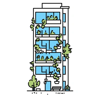 A tall high-rise building with a sleek, modern facade. The exterior features multiple vertical gardens with lush greenery cascading down the sides. Each garden is interspersed with hydroponic systems, showcasing various plants and vegetables growing in neat rows. The windows are large and framed, reflecting the light of the sky. There are balconies with outdoor seating, adorned with potted plants. The building sits on a landscaped area with pathways and benches.