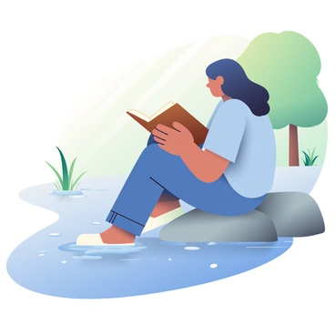 A person with medium skin and long dark hair is sitting on a smooth rock by the edge of a gently flowing river. They are wearing a light blue shirt and jeans. In their hands, they are holding a brown journal, with one hand resting on the open page. The water is clear, revealing small pebbles beneath the surface, and there are a few green reeds swaying gently in the breeze nearby. The sunlight filters through the trees lining the riverbank, casting soft dappled shadows on the person and the ground around them.