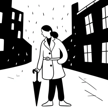A person standing in a rainy city while wearing a classic trench coat. The trench coat is buttoned up and has a belt tied neatly around the waist. Raindrops are falling and creating small puddles on the cobblestone street. In the background, blurred silhouettes of tall buildings are visible, with rain streaking down their windows. The scene conveys a sense of solitude with an umbrella resting on the ground nearby.