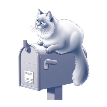 A ragdoll cat with fluffy fur is perched atop a vintage mailbox. The cat has striking blue eyes that are focused intently on the surroundings. The mailbox is metal, with a curved top and a small flag raised, indicating it is ready to receive mail. In the background, a peaceful neighborhood scene unfolds, with a sidewalk and a few houses visible. The cat's tail hangs down the side of the mailbox, and its ears are perked up, attentively listening to the sounds of the daily comings and goings.
