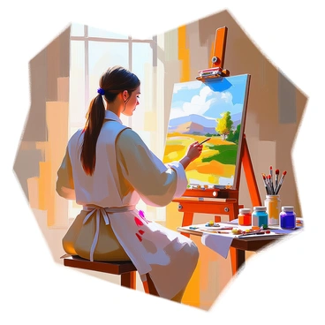 A medieval artist with long brown hair tied back is focused on painting a vibrant landscape within a sunlit studio. The artist is dressed in period-appropriate clothing, featuring a long tunic and an apron splattered with paint. On an ornate wooden easel, a canvas displays a picturesque scene of rolling hills, trees, and a bright blue sky. The studio is filled with various painting tools, including brushes of different sizes and jars of oil paints resting on a wooden table. Sunlight streams through a large window, illuminating the artist and creating a warm ambiance in the space.