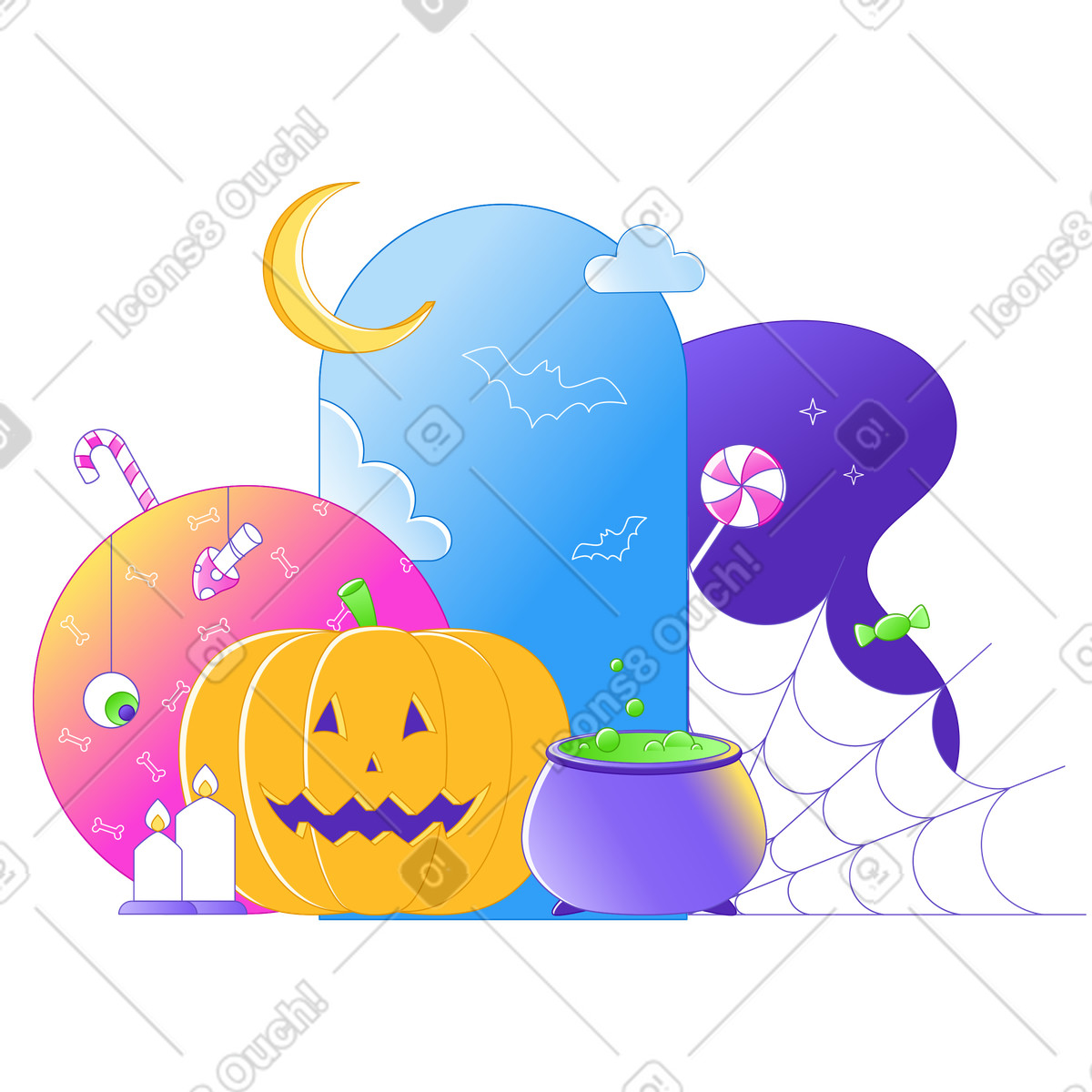 Halloween pumpkin and decorations illustration in Rainbow style download in PNG, SVG