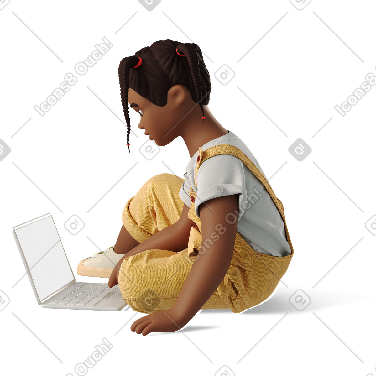 Little girl sitting with laptop illustrazione in stile 3D Business scarica in PNG, SVG