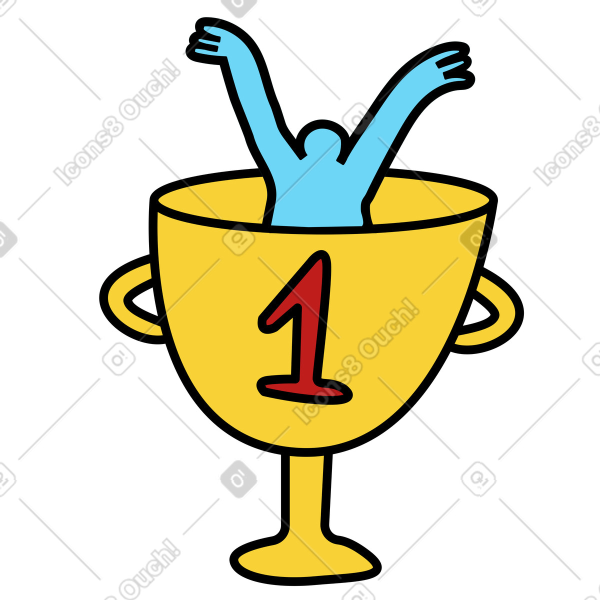 Person celebrating their first place with a golden cup illustration in style download in PNG, SVG