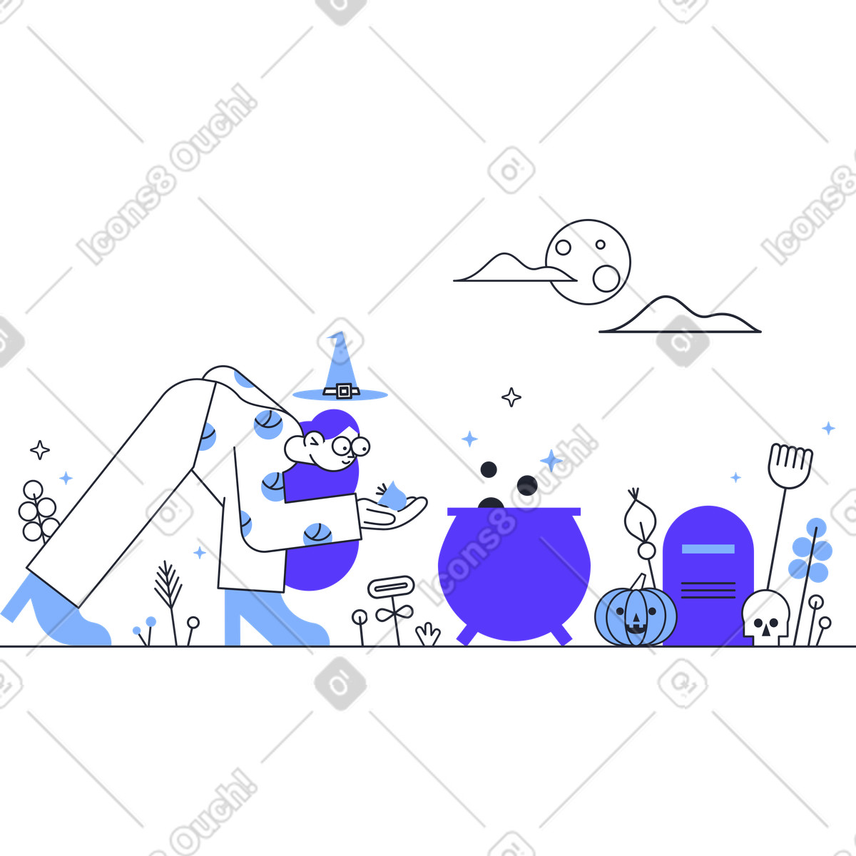 Ilustração de Bruxa halloween colocando ingredientes em um caldeirão no cemitério estilo Pablita para baixar PNG, SVG