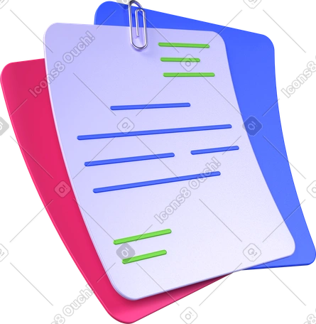 3D Pack de documents, pages colorées empilées, attache trombone PNG, SVG