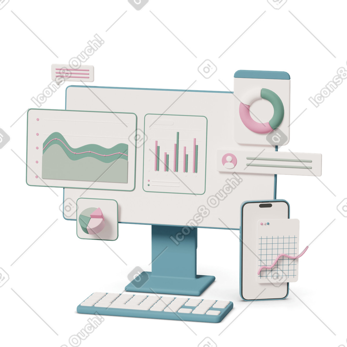 Analytics on computer screen animated illustration in 3D Casual life style download in GIF, Lottie (JSON), AE