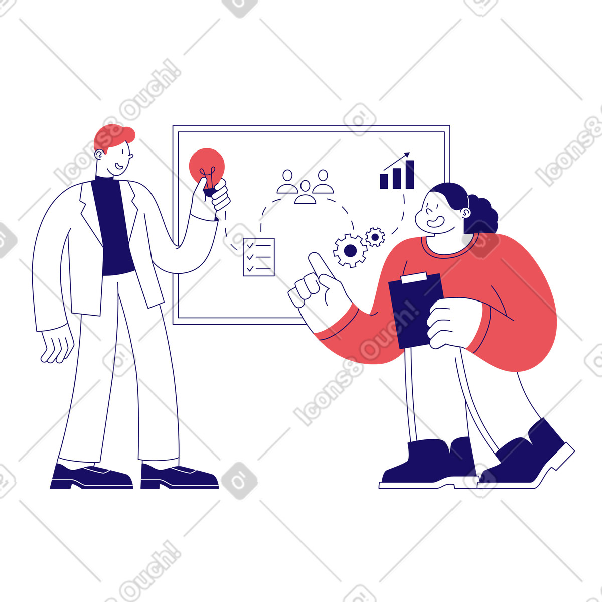 Mann und frau entwickeln eine geschäftsstrategie-Illustration im Bendy-Stil als Download in PNG, SVG
