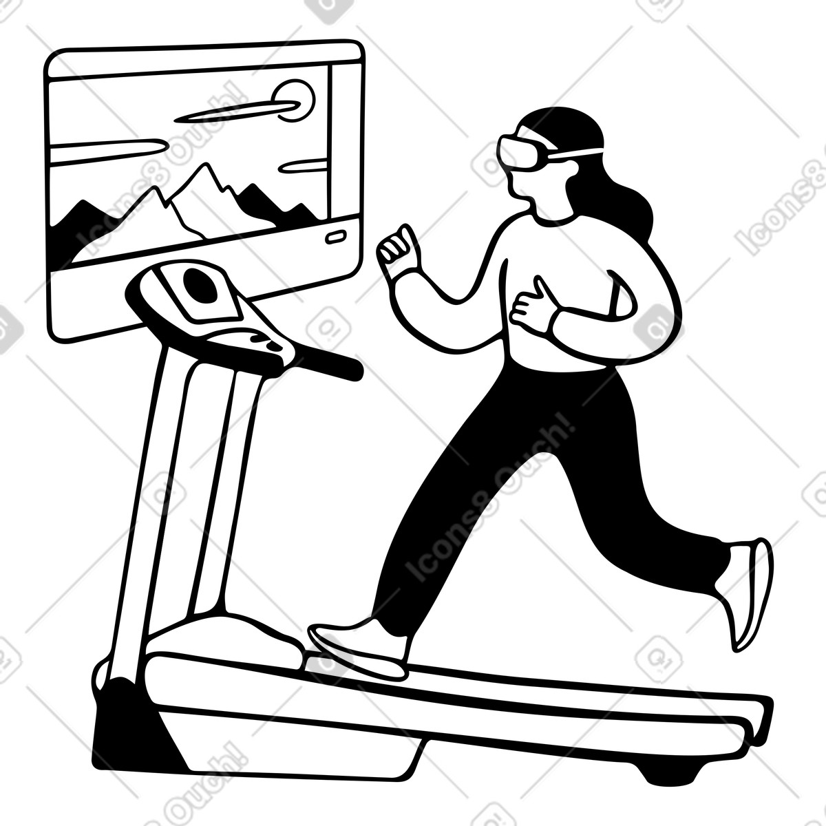 Donna con occhiali vr che corre sul tapis roulant illustrazione in stile Journal scarica in PNG, SVG