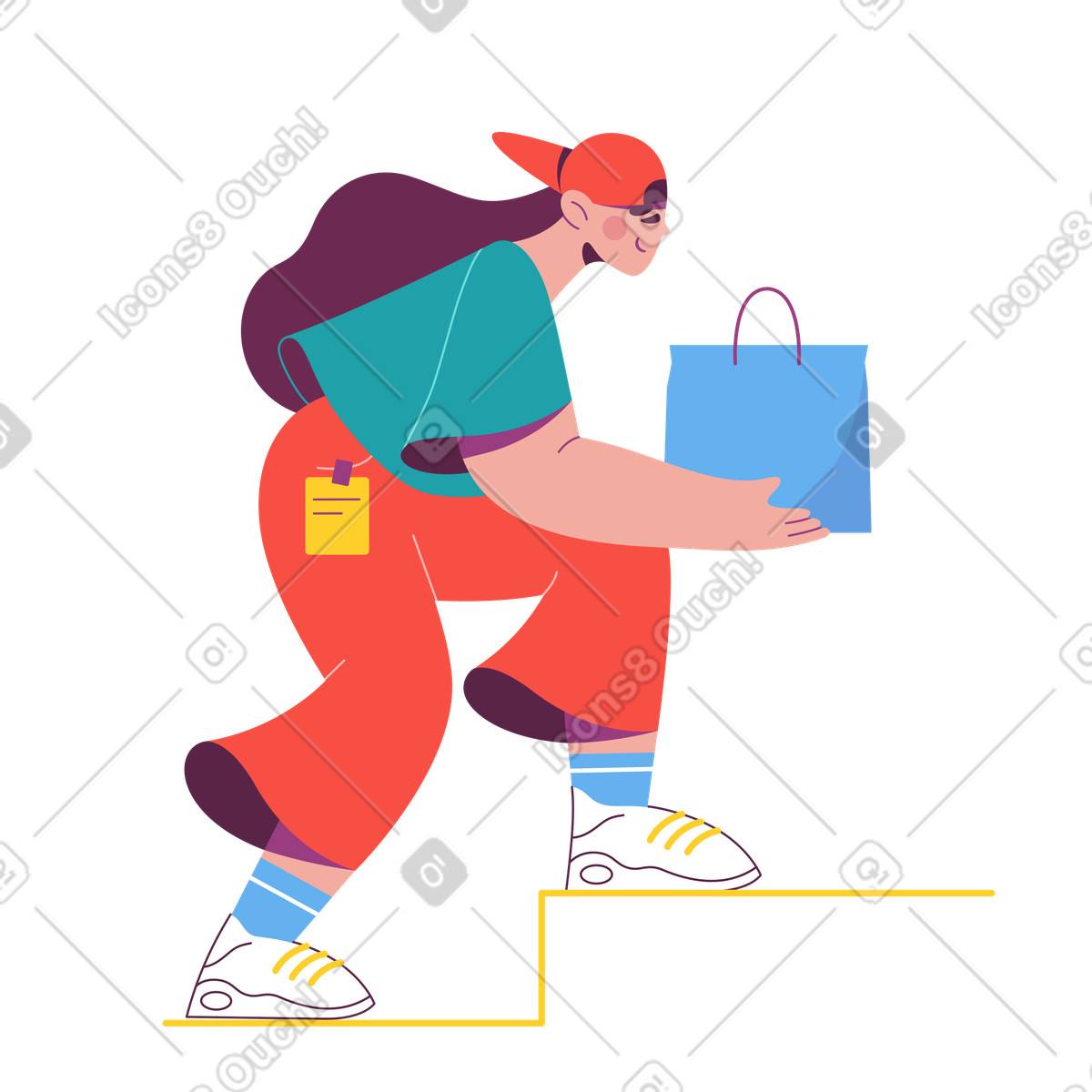 Ilustración Courier carrying shopping bag upstairs, Last mile delivery service en estilo Sammy a descargar en PNG y SVG