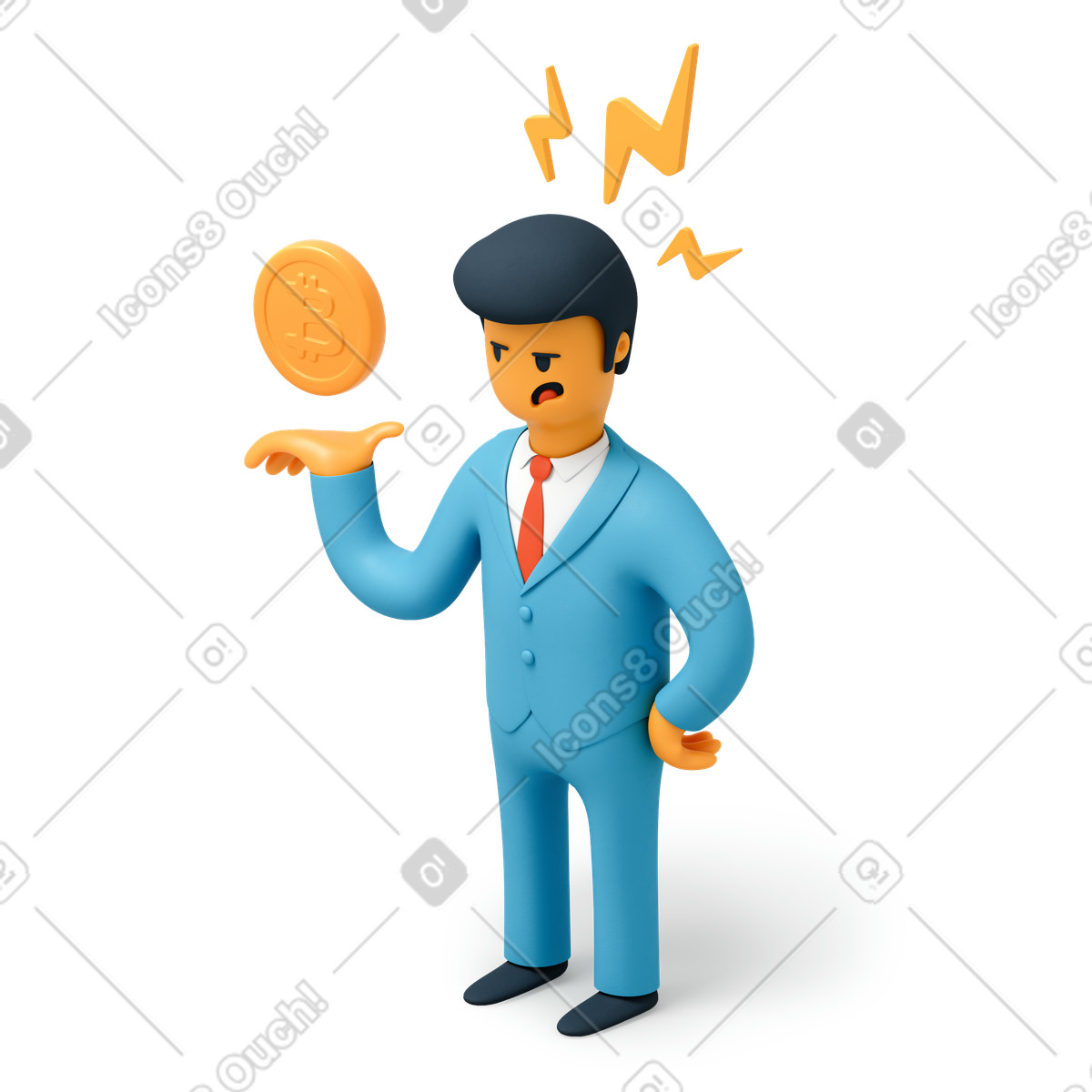 Uomo d'affari stressato con moneta bitcoin illustrazione in stile 3D Flame scarica in PNG, SVG