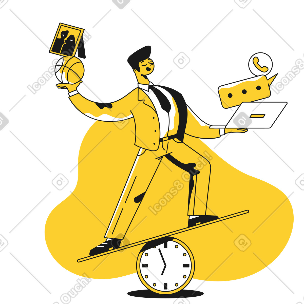 Ilustración Trabajador de oficina que mantiene el equilibrio entre la vida laboral y personal en estilo Taxi a descargar en PNG SVG