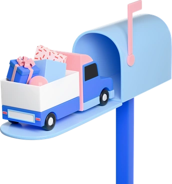 A mailbox with a delivery truck and gifts - 3D Editorial style illustration