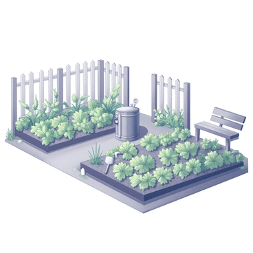 A community garden with rainwater being collected in a rain barrel