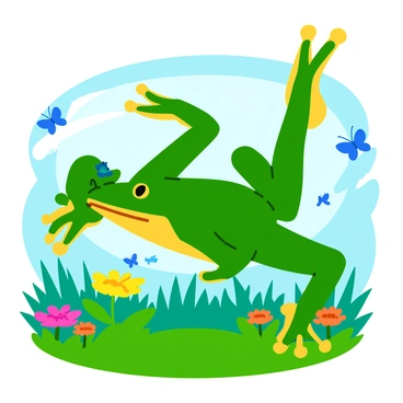 A green bullfrog with smooth skin is leaping in an elegant ballet pose. Its long legs are extended, showcasing its powerful muscles, while its webbed feet are poised gracefully. The bullfrog is situated in a vibrant woodland clearing, surrounded by tall grass and colorful wildflowers. Sunlight filters through the leaves of the trees, casting playful shadows on the forest floor. Butterflies flutter nearby, adding a lively element to the scene.