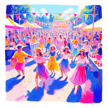 A group of people is dancing energetically at a lively outdoor festival. They are dressed in colorful clothing, with some wearing bright hats and flowing skirts. The scene is filled with a diversity of individuals, including men and women of various ages, all smiling and enjoying the music. Surrounding them are colorful decorations, banners fluttering in the breeze, and a large crowd of spectators. There are tables with food and drinks nearby, and a stage can be seen in the background where musicians are playing. The atmosphere is vibrant and festive, with the sun shining down on the joyful gathering.