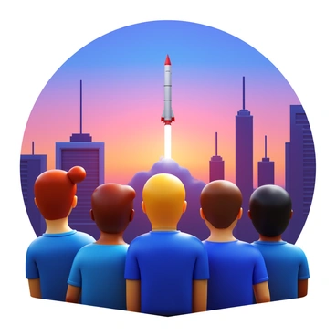 A city rooftop with a group of people standing together, observing a distant rocket launch into space. The people are diverse in appearance, representing different ages and ethnicities, all gazing towards the horizon with expressions of awe. The skyline is visible behind them, featuring tall buildings and antennas. The rocket is poised in the sky, leaving a trail of smoke as it ascends. The evening sky is illuminated with vibrant colors, hinting at the setting sun, creating a dramatic backdrop for the event.