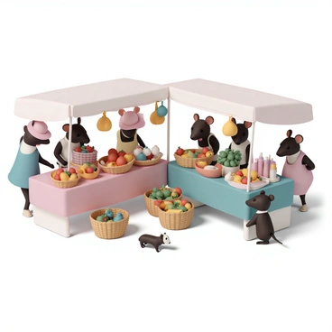 A bustling market scene filled with colorful stalls. Several Maileg mice are seen selling fresh fruits, which include bright red apples, yellow bananas, and green grapes, all displayed in woven baskets. There are also handmade goods such as small fabric bags, tiny pottery, and intricately crafted wooden toys showcased on the tables. The mice are engaged in conversation with each other and with customers, some wearing little aprons and hats. The atmosphere is lively, with other small animals in the background enjoying the market.