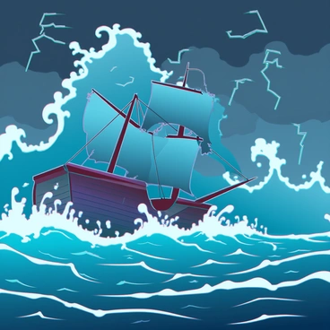 A gnarly sea with fierce waves and a lone ship battling the storm