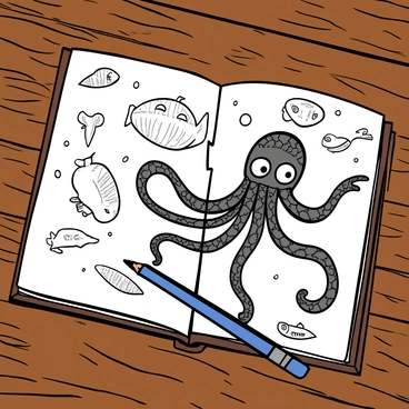 An artist's sketchbook with a textured brown cover is open on a wooden table. The page features a detailed drawing of a kraken, depicted with long, swirling tentacles and intricate scales. The kraken's large eyes are wide and expressive, giving it a sense of life. Surrounding the drawing are pencil smudges and sketches of various sea creatures, including fish and shells. A pencil lies nearby, placed diagonally across the open sketchbook. The lighting is warm, highlighting the textures of the paper and the richness of the drawing.