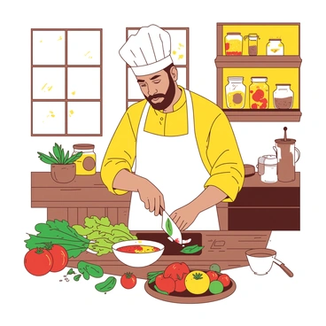 A bright yellow chef is standing at a wooden kitchen counter, chopping vibrant green vegetables and colorful red tomatoes. Sunlight pours through large windows, illuminating the fresh ingredients laid out before him, including herbs and fruits. A ceramic bowl filled with a variety of spices sits nearby. The chef wears a white apron and a chef hat, and his concentration on the meal preparation is evident as he skillfully combines the ingredients. Behind him, shelves lined with jars of preserved goods add to the cozy atmosphere of the sunny kitchen.