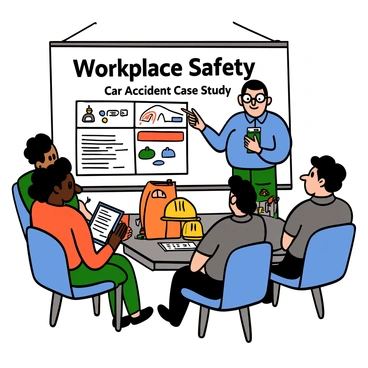 A group of diverse employees is gathered in a bright conference room for a workplace safety briefing. A large projector screen displays the title "Workplace Safety: Car Accident Case Study" in bold letters. In the center of the room, a light-skinned man with short black hair, wearing a blue shirt and glasses, stands in front of the screen, pointing to a detailed chart of the car accident report. 

Other attendees include a dark-skinned woman with curly hair wearing a red blouse, taking notes on a clipboard, and a Hispanic man with short hair in a grey polo shirt, listening attentively. Various safety equipment items, such as reflective vests and hard hats, are neatly arranged on a nearby table. The atmosphere is focused and engaged as the employees discuss the implications of the case study for workplace safety practices.