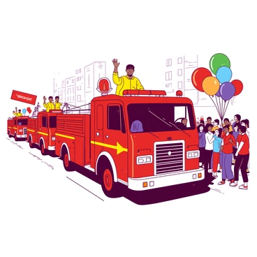 A red fire engine with bright yellow accents is leading a line of fire engines down a bustling street. Each fire engine is polished and shiny, showing off its bright colors. Firefighters in yellow uniforms are standing proudly on the engines, waving enthusiastically to the cheering crowd lined along the street. The crowd is vibrant and diverse, with people of all ages smiling and holding colorful banners. Balloons in various colors float above the crowd, adding to the festive atmosphere of the parade.