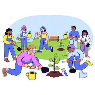 A group of diverse individuals of different ages and ethnicities is planting young trees in a community park. Some are kneeling in the soil with shovels, while others are holding saplings ready to be planted. There are gardening tools scattered around, like trowels and watering cans. In the background, there are grassy areas and benches, and a clear blue sky above. Everyone is engaged and smiling as they contribute to the green space.