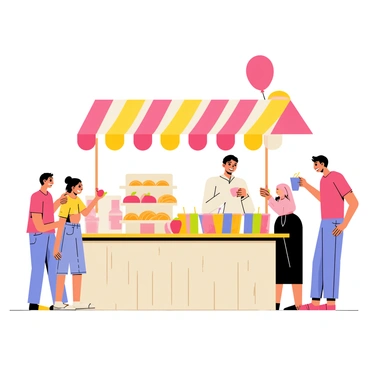 A lively festival booth with a colorful striped awning. The booth features a wooden counter displaying various food items, including bright red apples, golden pastries, and colorful drinks in transparent cups. Several customers are gathered around the booth, with a young girl reaching for a piece of fruit, while an older man samples a drink with a straw. A person behind the counter is handing out samples with a friendly smile. Balloons in vibrant colors float above the booth, contributing to the festive atmosphere.